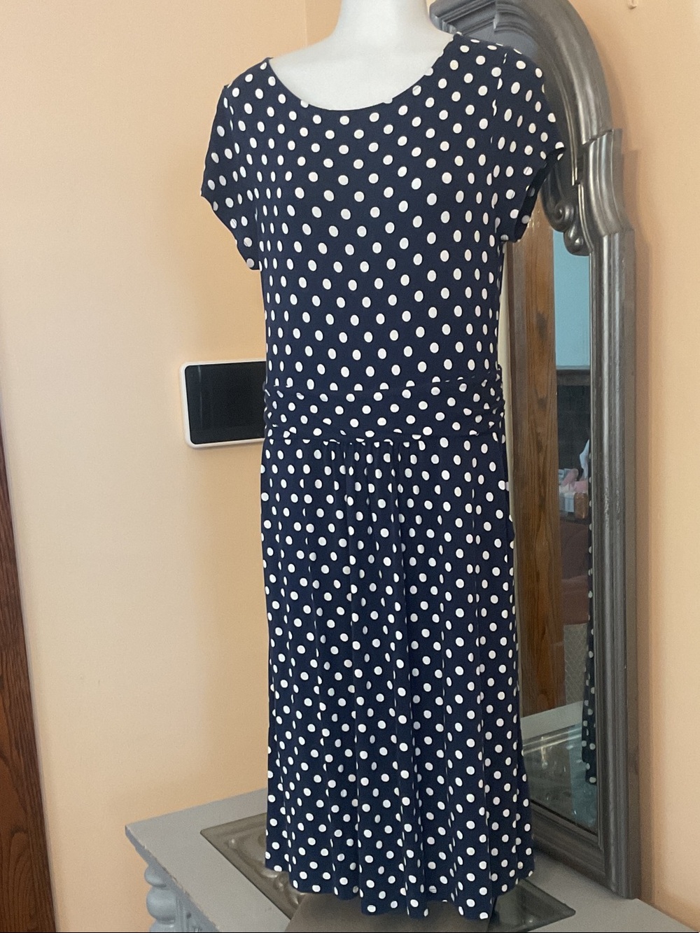 Boden 10 Regular Navy and White Polka Dot Midi Dress with Pockets